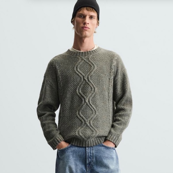 ZARA Men Cable Knit Sweater Gray Green SZ XL - Picture 4 of 16